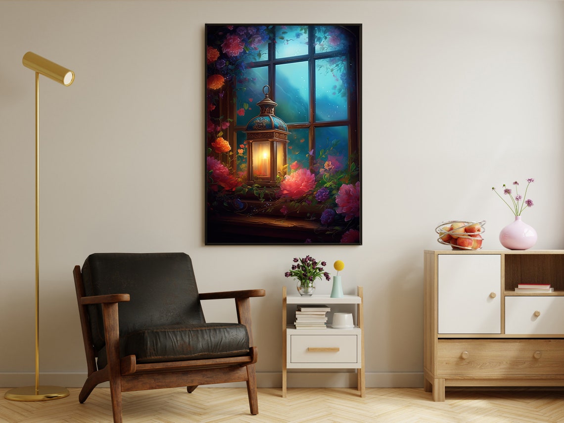 Vintage Lantern On Night Window With Vibrant Floral Bouquet Art Print - Image 4