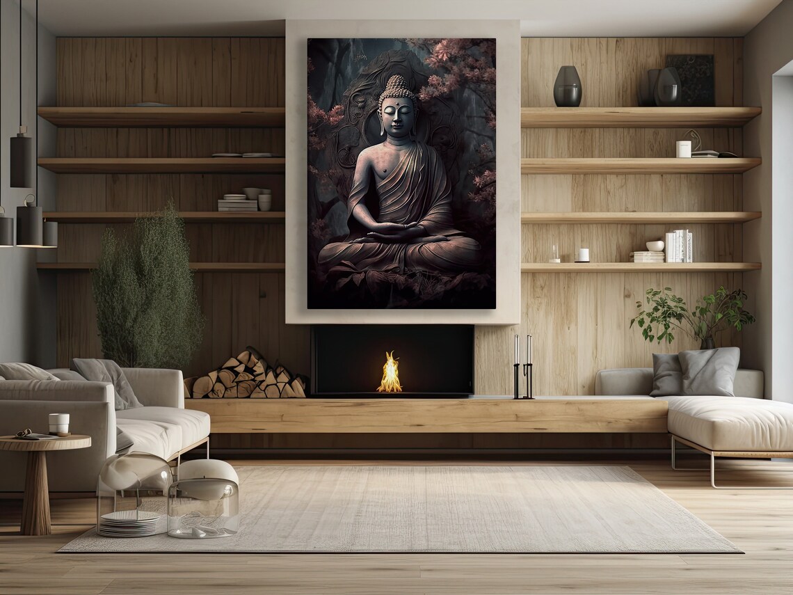 Serene Buddha Meditating Lotus Pose Mystical Stone Temple Dark Zen Wall Art - Image 3