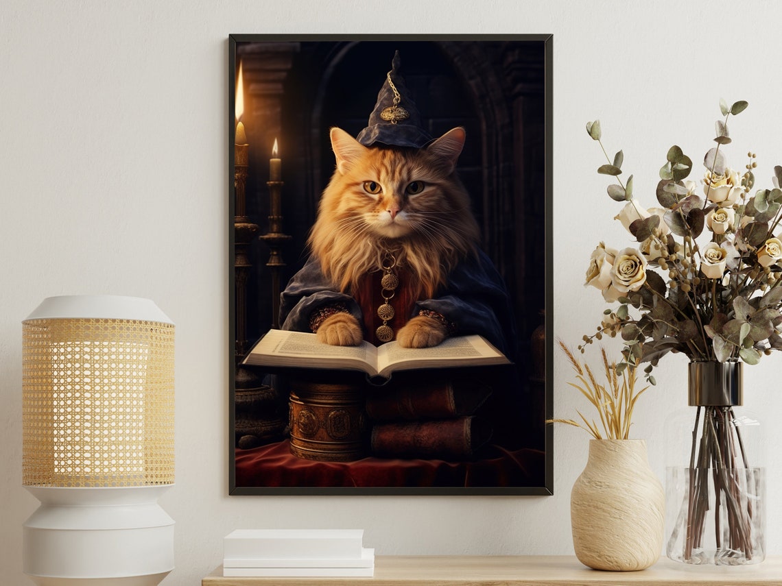 Orange Tabby Wizard Cat Reading Spellbook Candlelit Library Dark Print