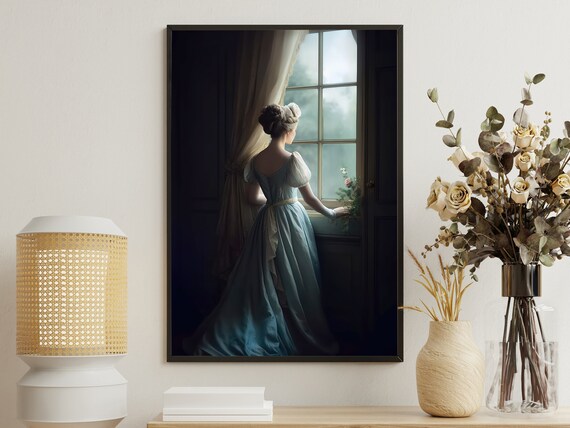 Victorian Lady Blue Gown Standing at Window Moody Classic Art Poster