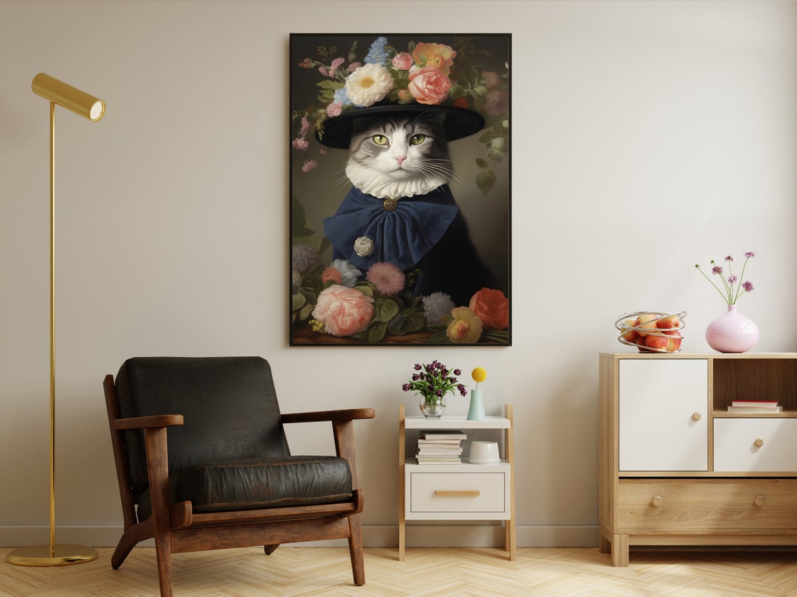 Victorian Cat Lady Hat Flowers Bow Tie Floral Pet Portrait Art Poster - Image 3
