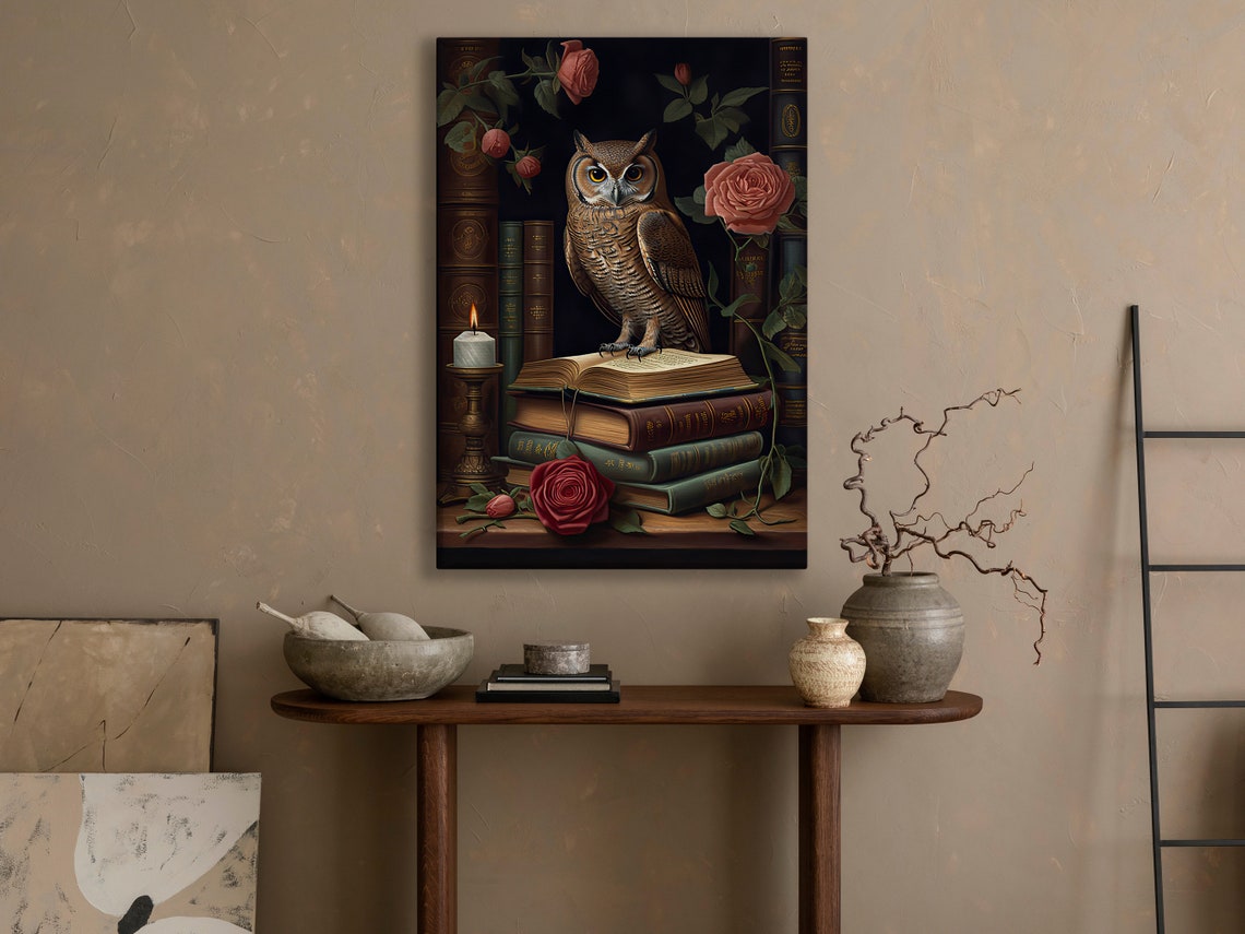 Owl Reading Open Book Candle Roses Dark Bookshelf Night Scene Poster - Image 4