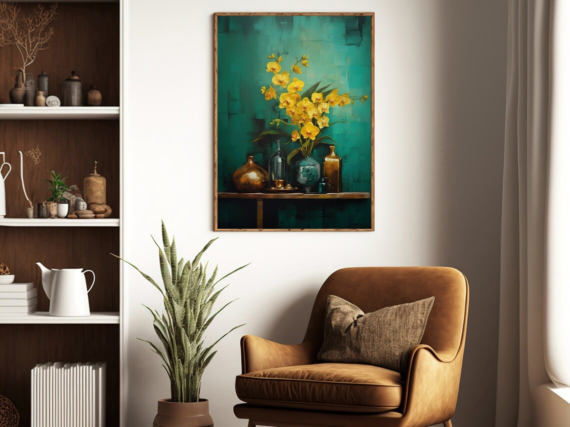 Golden Orchids Teal Vase Brass Bottles Modern Still Life Poster - Image 4