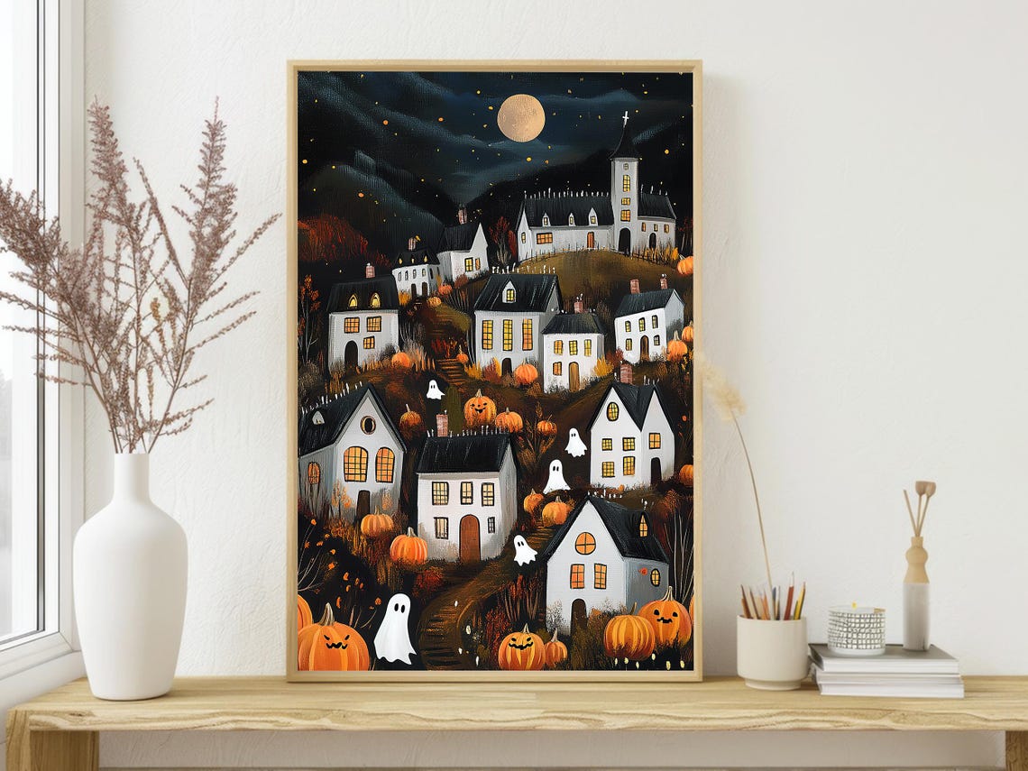 Halloween Village On Hill With Church Pumpkins Moon Night Print - Image 4