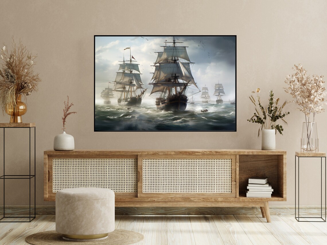 Tall Masted Sailing Ships Stormy Sea Dramatic Vintage Nautical Adventure Print - Image 3