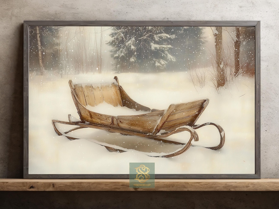 Vintage Wooden Sled Resting In Snowy Forest Winter Nostalgia Poster