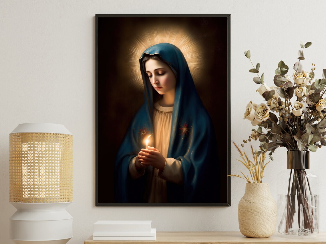 Virgin Mary Holding Candle with Halo Sacred Blue Veil Religious Art Poster