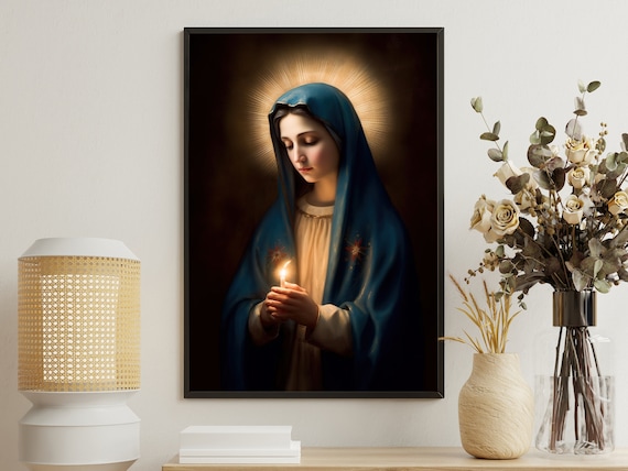 Virgin Mary Holding Candle with Halo Sacred Blue Veil Religious Art Poster