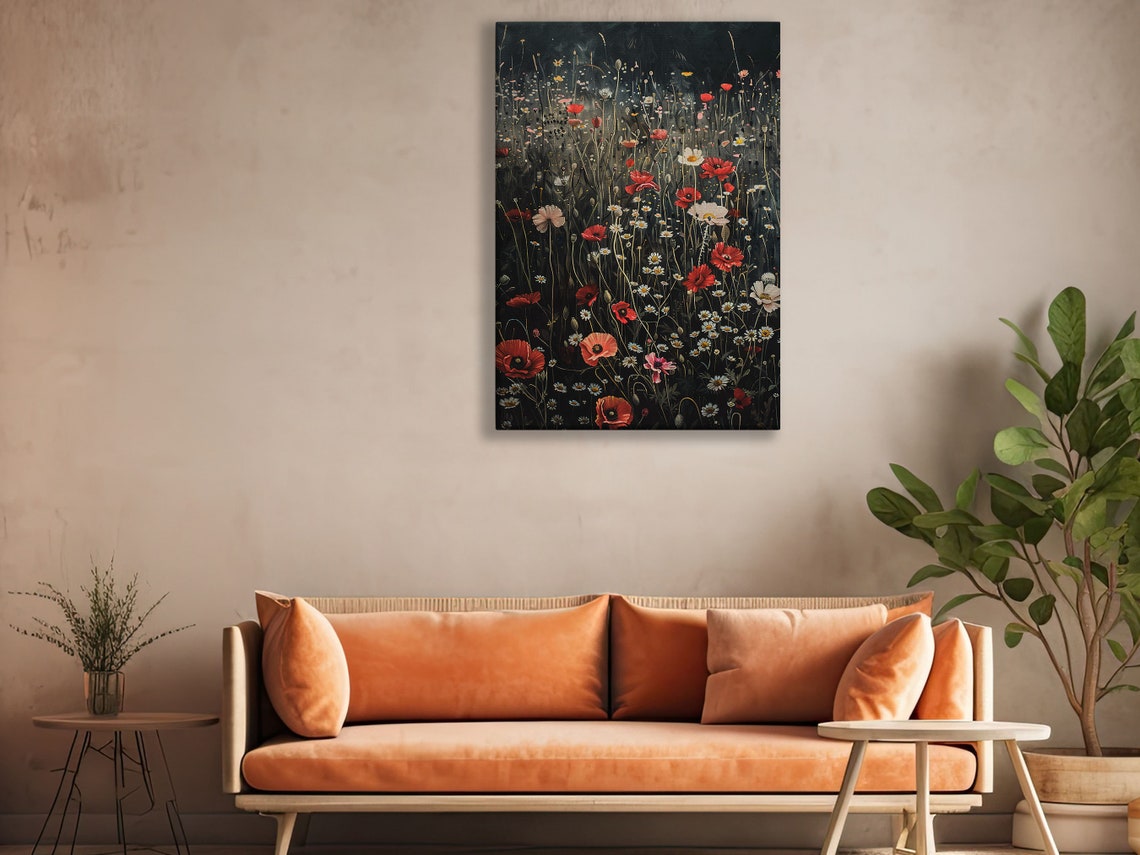 Wildflower Meadow At Night Red Poppies Daisies Dark Floral Poster - Image 2
