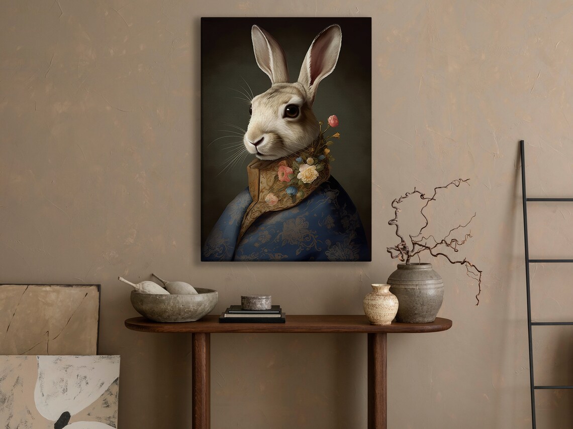 Victorian Rabbit Portrait Blue Brocade Outfit Floral Collar Dark Academia Print - Image 3