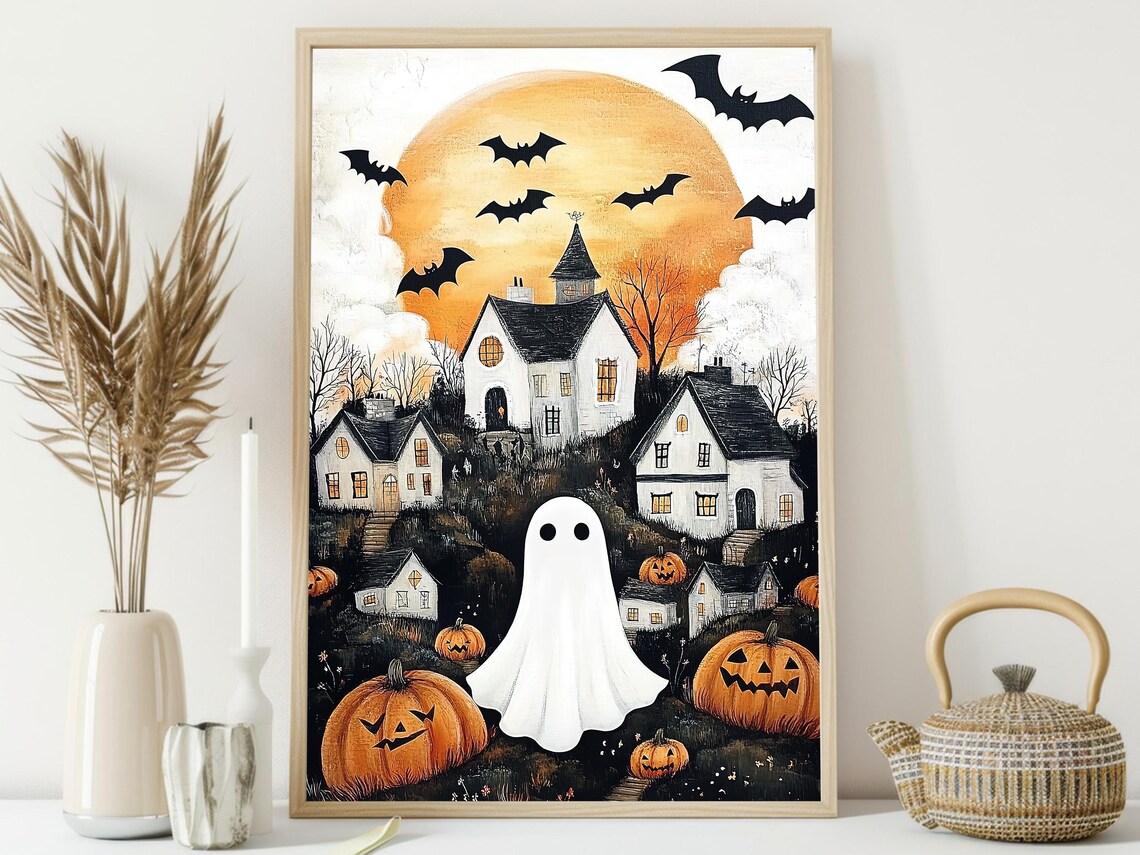 Whimsical Halloween Village Ghost Bats Pumpkins Folk Art Poster - Image 3