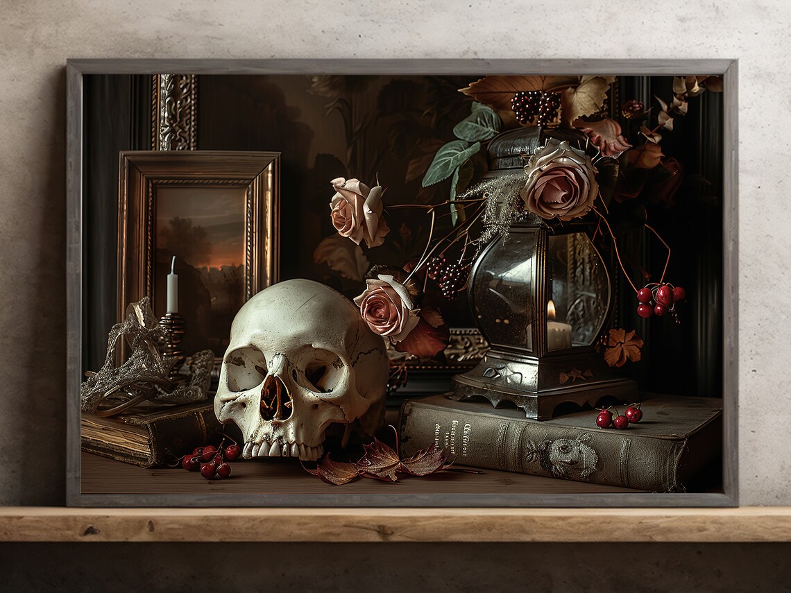 Dark Skull And Flowers, Dark Academia Poster Print