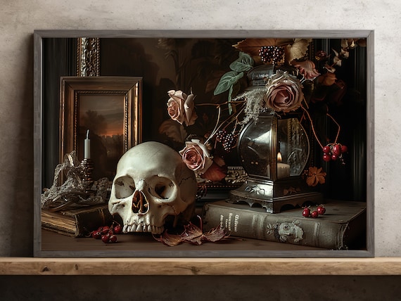 Dark Skull And Flowers, Dark Academia Poster Print