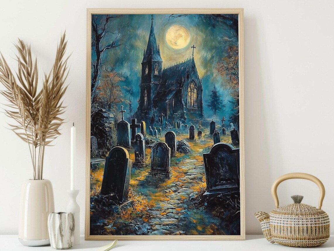 Moonlit Gothic Church Cemetery Full Moon Night Oil Painting Poster - Image 3