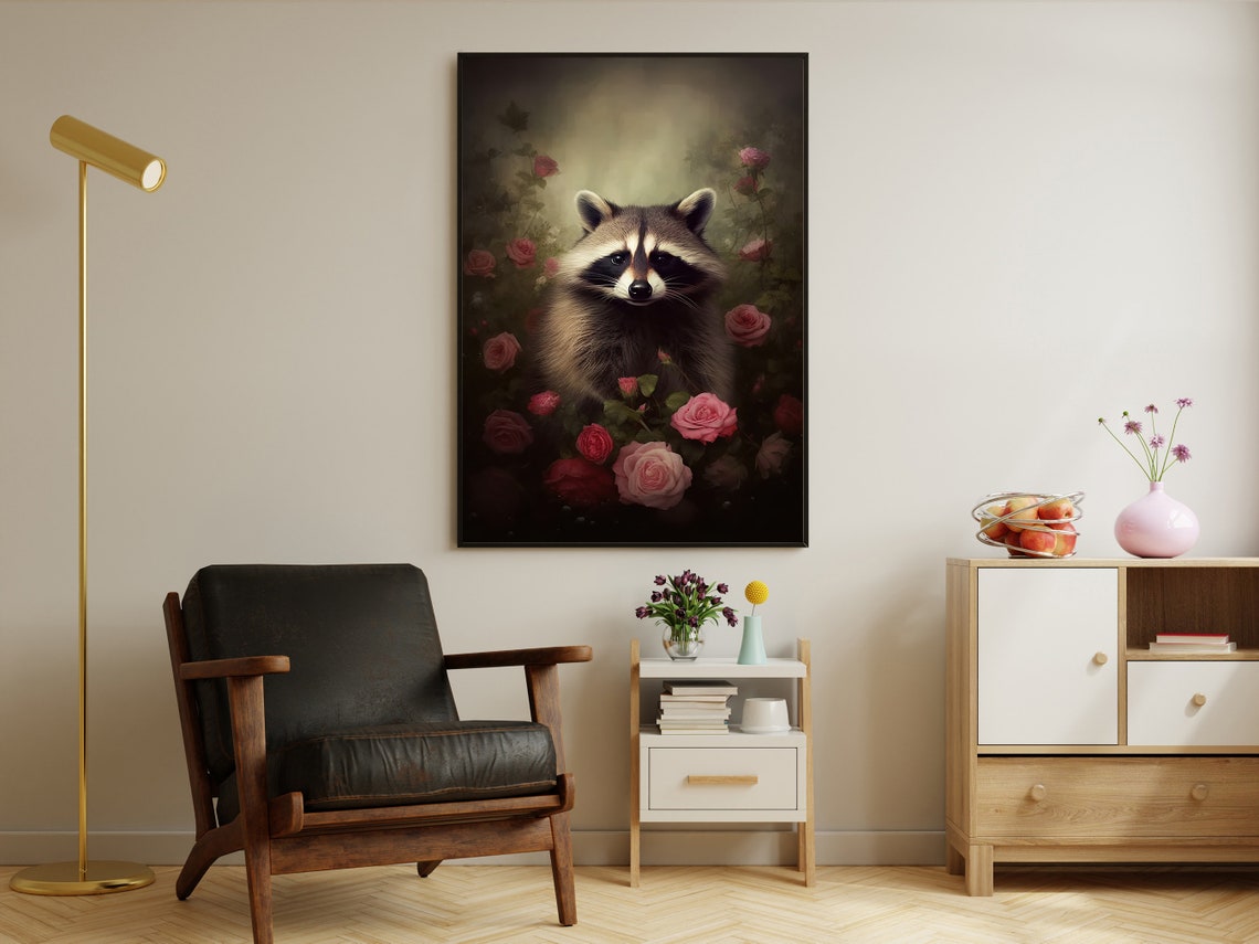 Vintage Wild Floral Raccoon Painting Raccoon Art Print Raccoon Print Gothic Art Print Dark Academia Art Animals Poster Print - Image 2