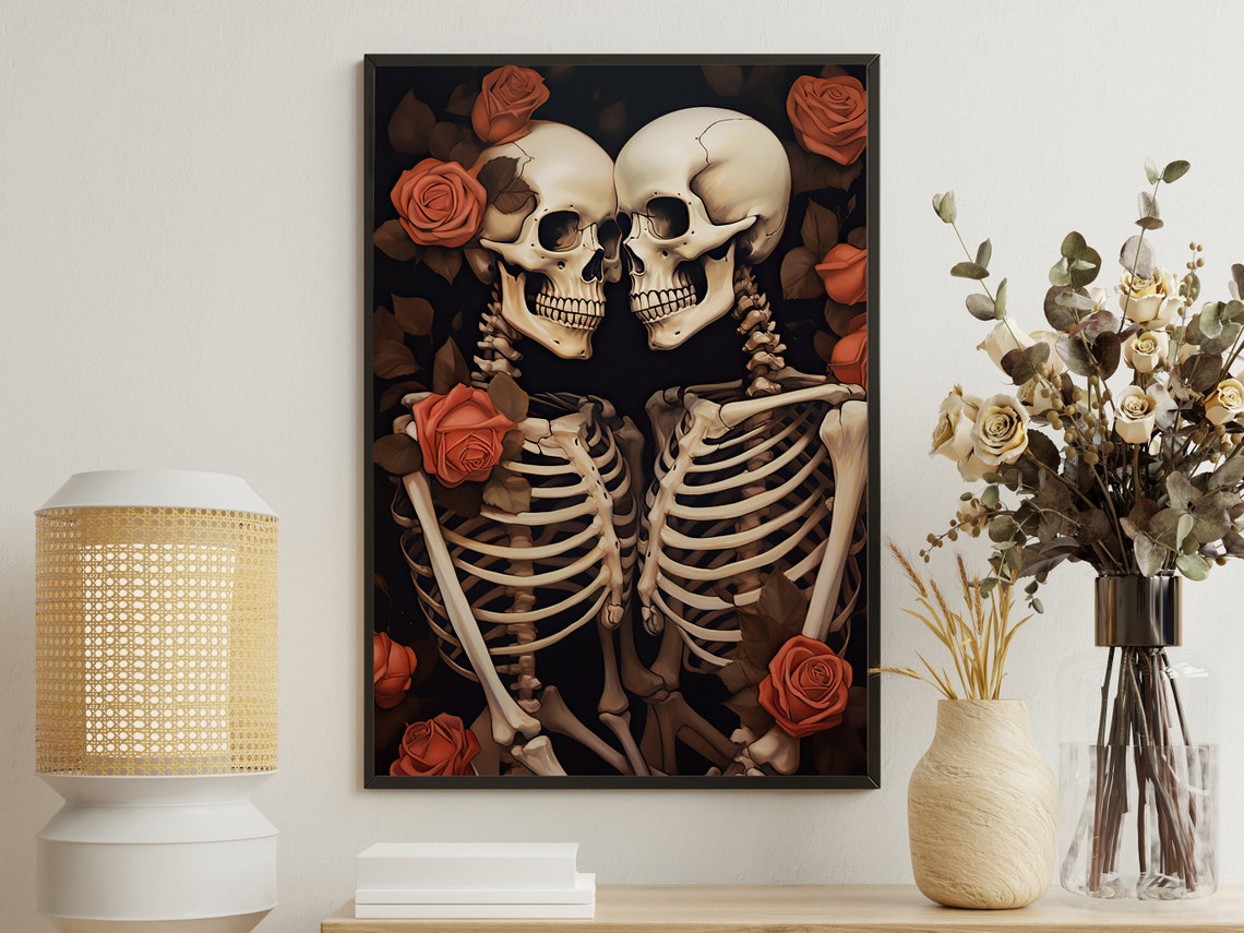Skeleton Couple Embracing Among Deep Red Roses Gothic Art Print