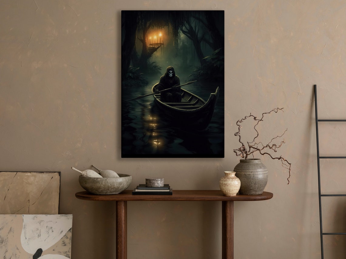 Grim Reaper Rowing A Boat On The Dark Misty River Gothic Poster - Image 3