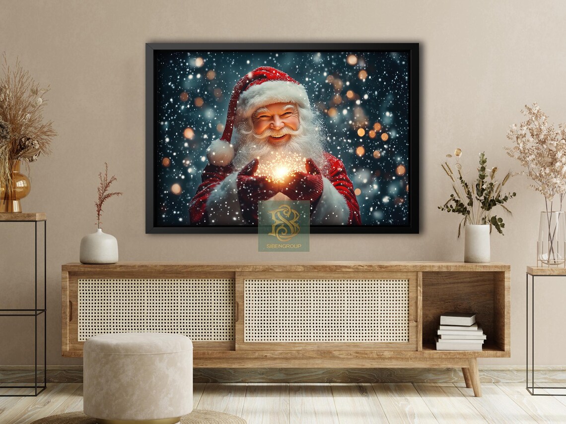 Smiling Santa Holding Golden Christmas Magic in Snowy Night Poster - Image 4