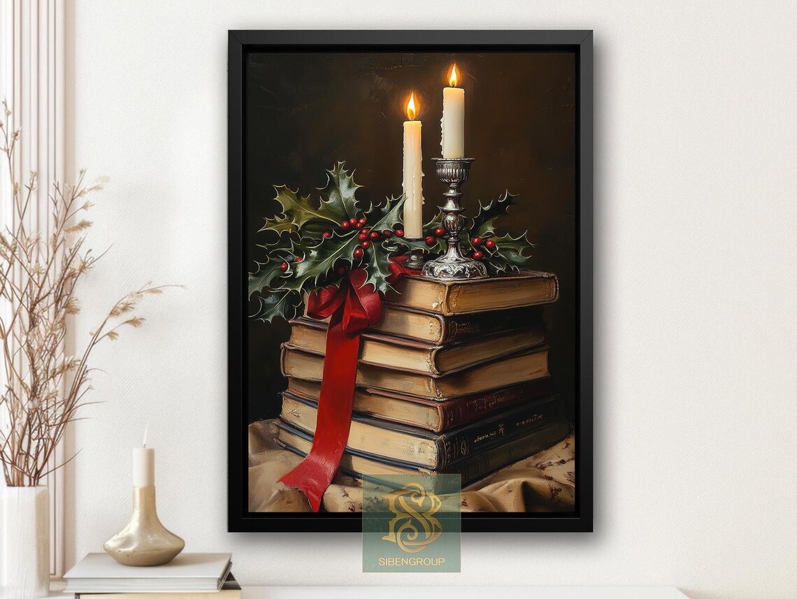 Old Books Tied With Red Ribbon Candles and Holly Vintage Art Print