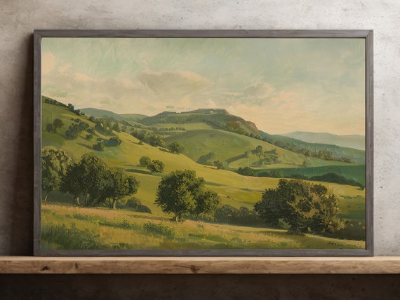 Vintage Countryside Farm Painting Cottage Farming Print Rustic Poster Print Green Wall Art Room Decor