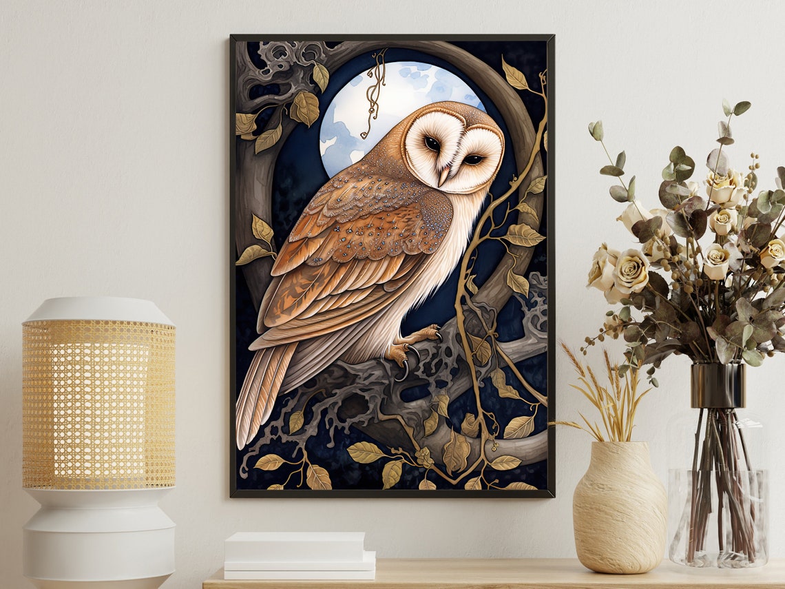 Barn Owl Under Full Moon Golden Branch Vintage Gothic Art Poster