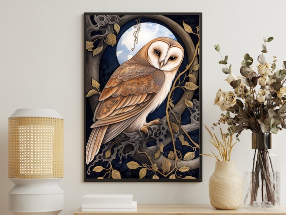 Barn Owl Under Full Moon Golden Branch Vintage Gothic Art Poster