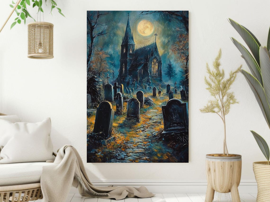 Moonlit Gothic Church Cemetery Full Moon Night Oil Painting Poster - Image 2