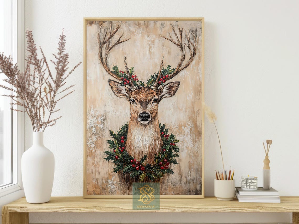 Reindeer Portrait With Holly Berry Wreath Rustic Christmas Art Print - Image 4