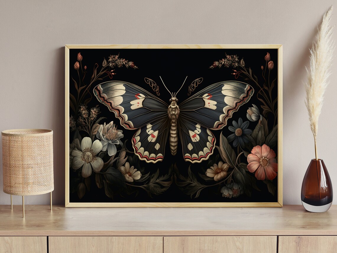 Vintage Dark Butterfly Print, Gothic Dark Academia