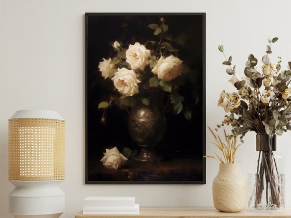Vintage Flowers in Vase, Gothic Dark Academia Art Print