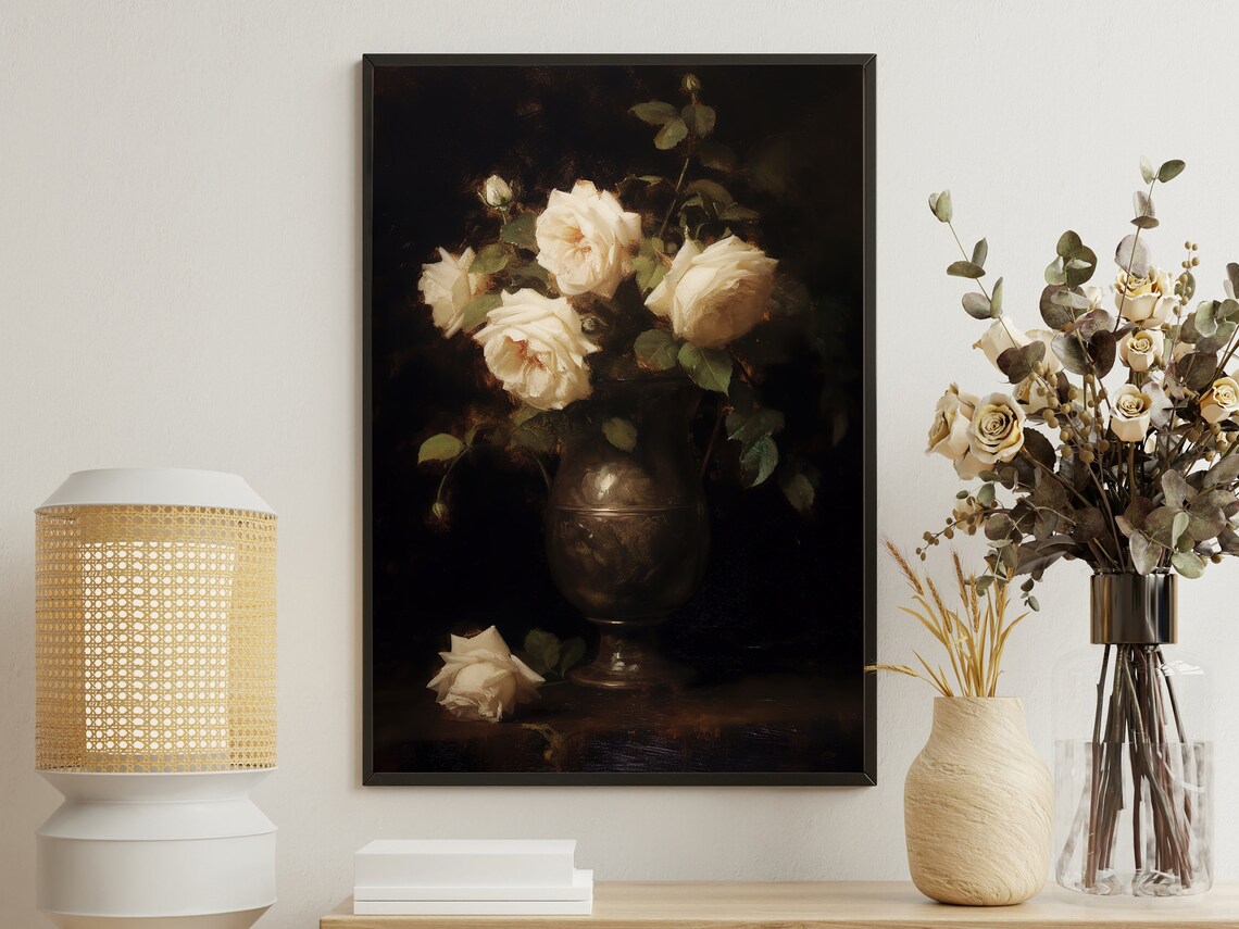 Vintage Flowers in Vase, Gothic Dark Academia Art Print