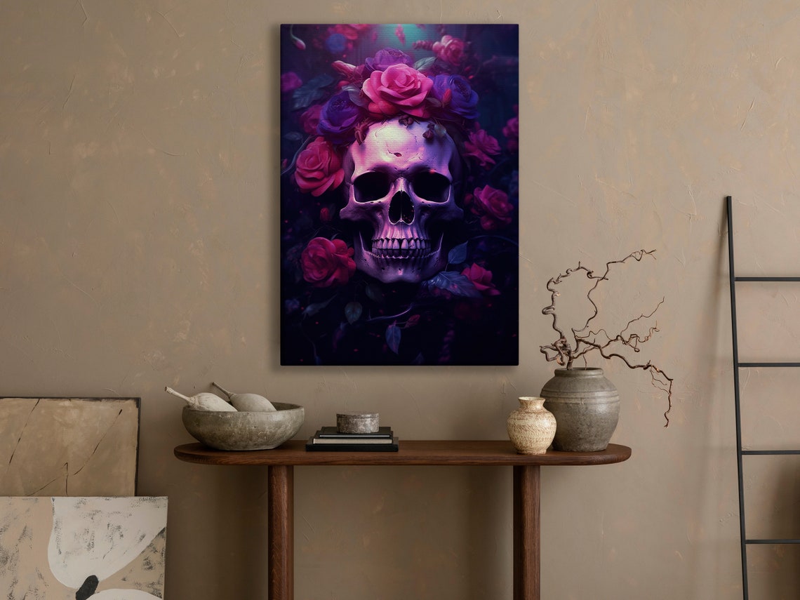 Neon Purple Skull Magenta Roses Dark Gothic Floral Art Poster - Image 4