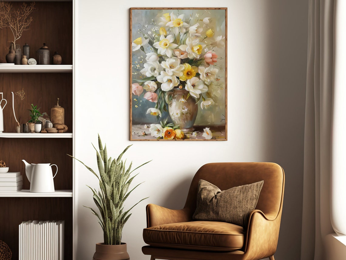 White Daffodils And Spring Flowers In Ceramic Vase Art Print - Image 3