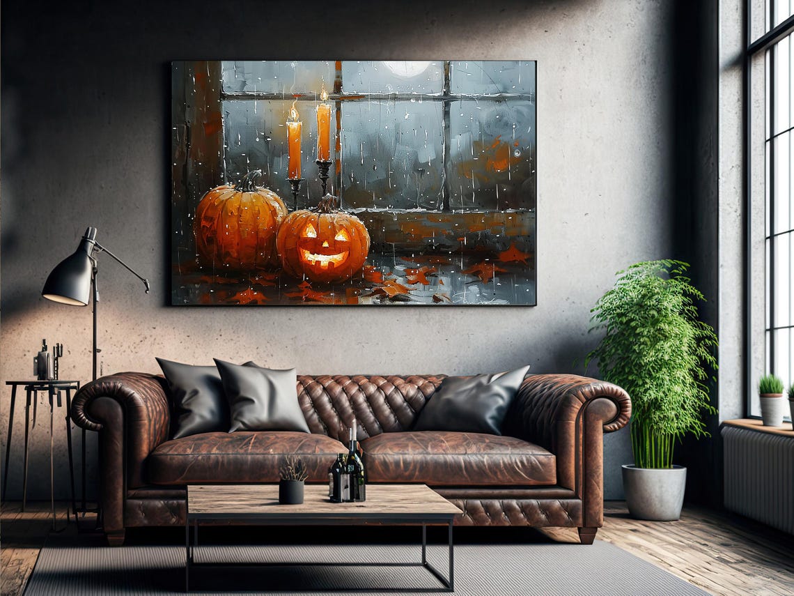Pumpkins and Candles by Rainy Window Impasto Autumn Painting Poster - Image 3