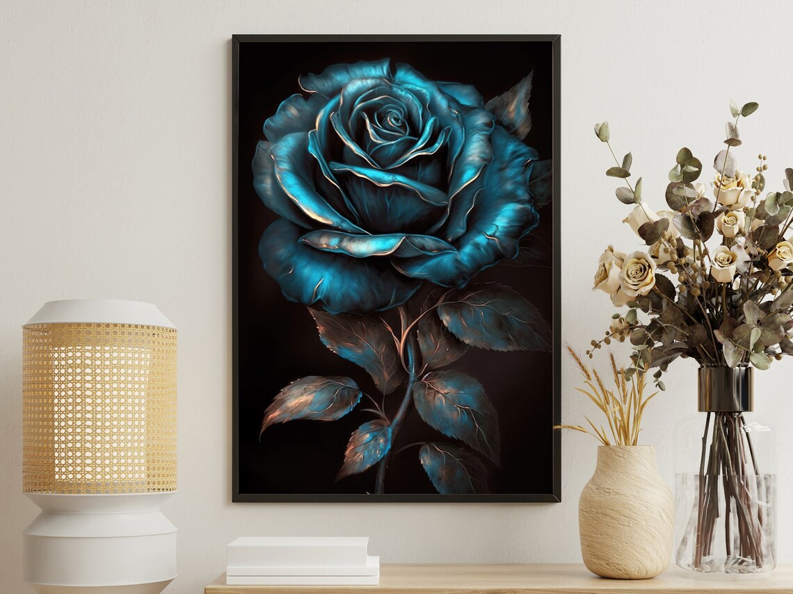 Dark Blue Rose Black Background Moody Floral Still Life Wall Art Poster