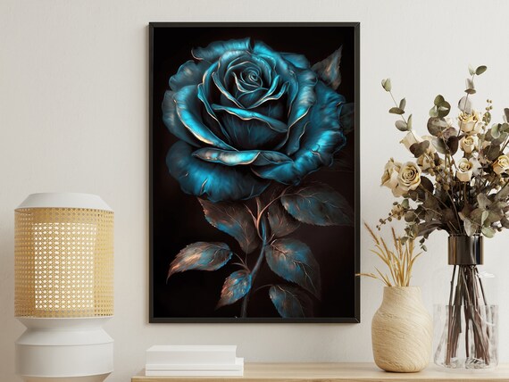 Dark Blue Rose Black Background Moody Floral Still Life Wall Art Poster
