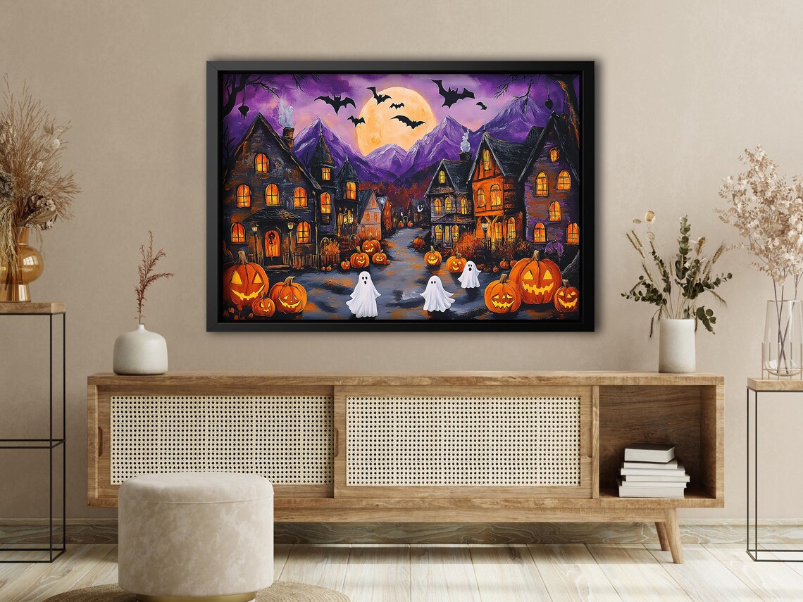 Halloween Village With Pumpkins Ghosts And Purple Night Print - Image 4