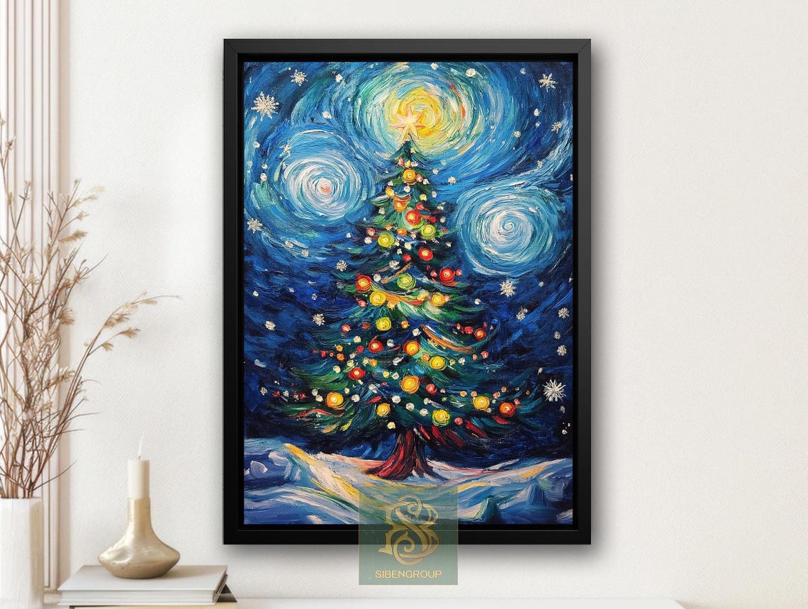 Starry Night Style Christmas Tree Swirling Blue Sky Impasto Poster