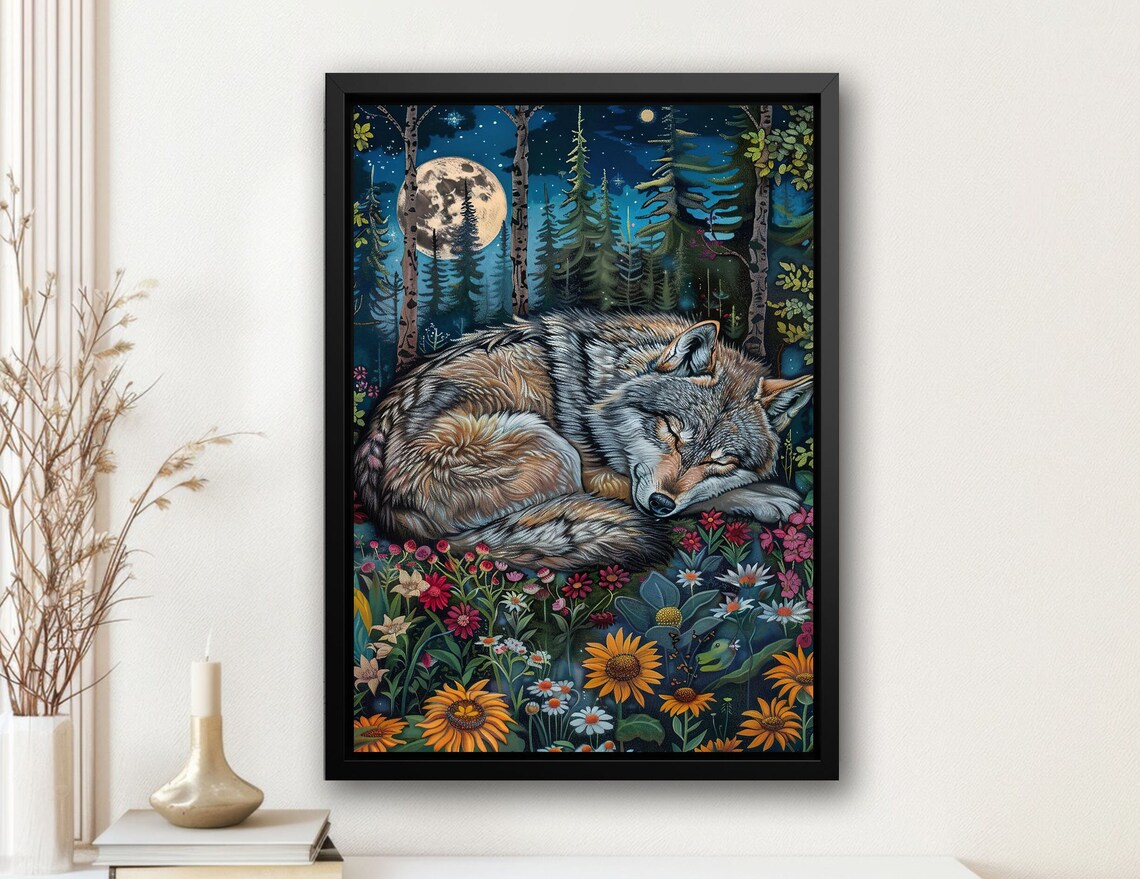 Sleeping Wolf Moonlit Pine Forest Wildflower Night Wildlife Painting Poster