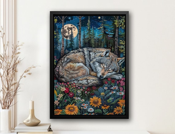 Sleeping Wolf Moonlit Pine Forest Wildflower Night Wildlife Painting Poster