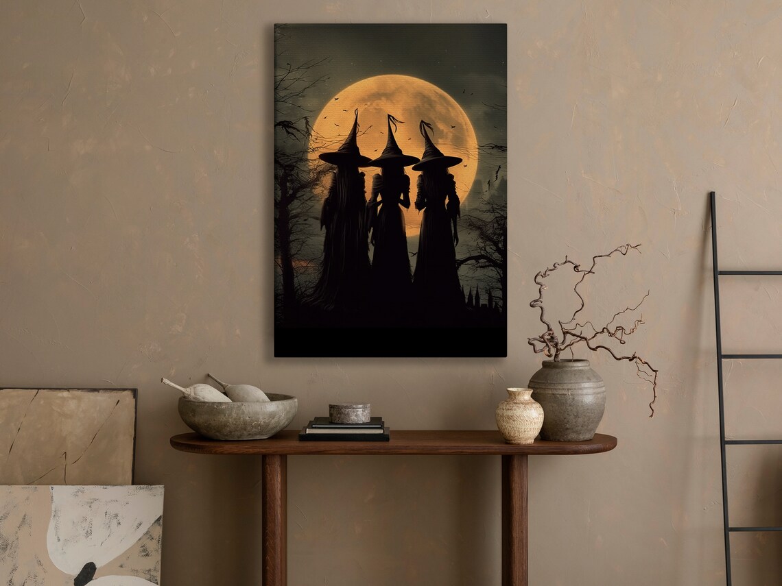 Three Witches Silhouette Harvest Full Moon Gothic Halloween Art Poster - Image 3
