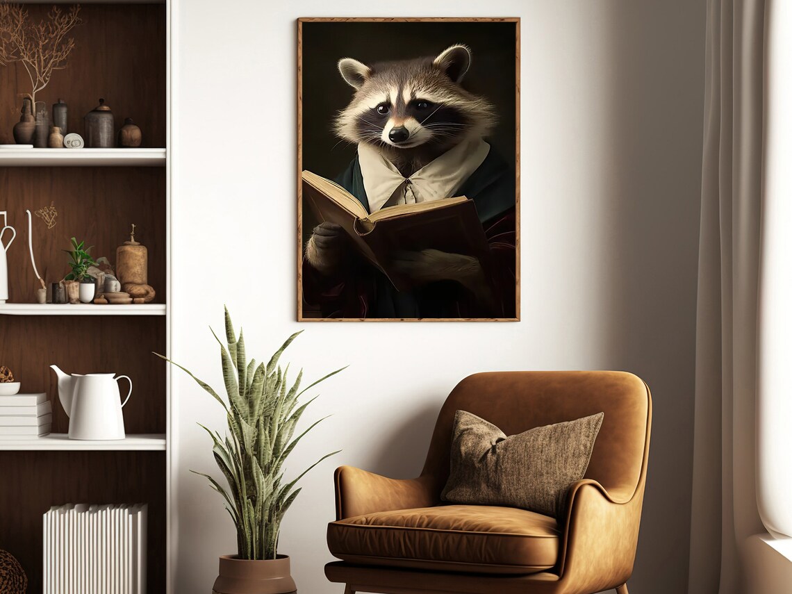 Scholarly Raccoon In Robe Reading An Old Book Vintage Portrait Poster - Image 4