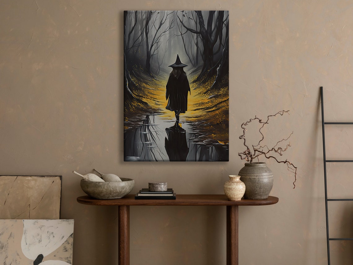 Witch Silhouette Walking Into Misty Golden Forest Path Art Print - Image 3