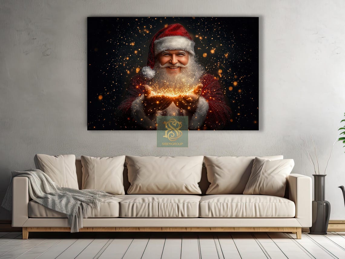 Santa Claus Holding Golden Magic Lights on Dark Starry Night Poster - Image 2