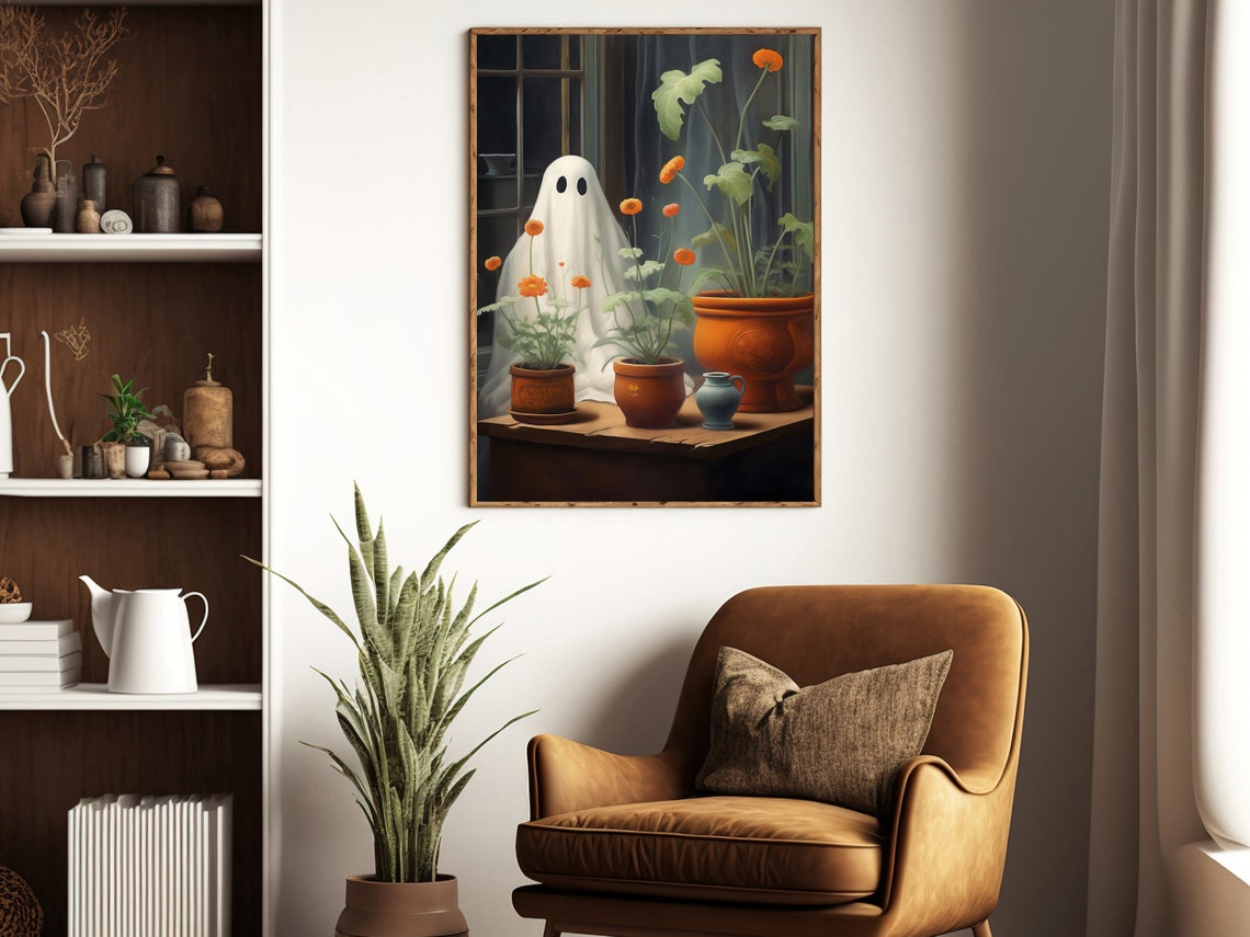 Sweet Little Ghost Peeking Past Potted Marigolds In A Window Poster - Image 3
