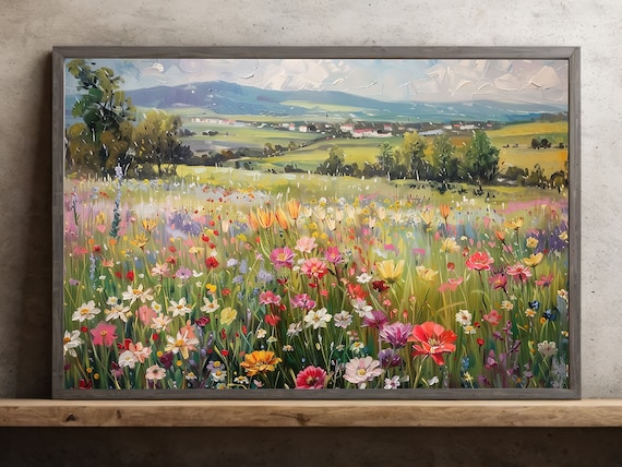 Cottage Wild Flowers Field Painting, Rustic Poster Print