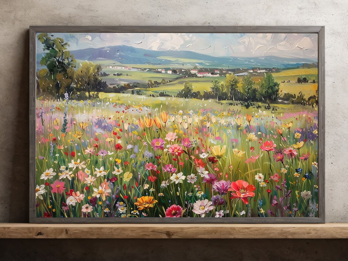 Cottage Wild Flowers Field Painting, Rustic Poster Print