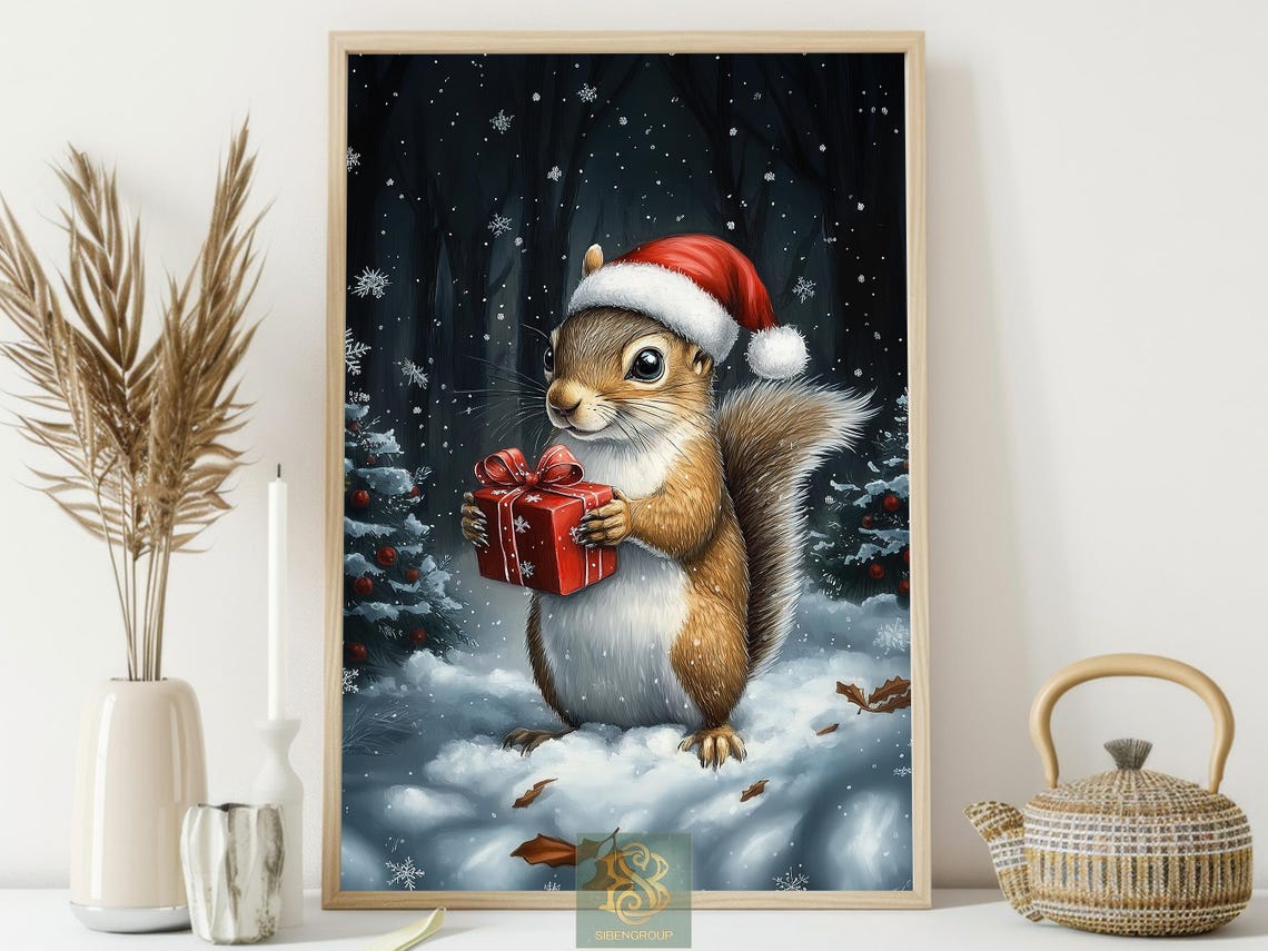 Cute Snowy Squirrel Painting Cottage Winter Squirrel Rustic Winter Poster Winter Wall Art Christmas Decor - Image 3