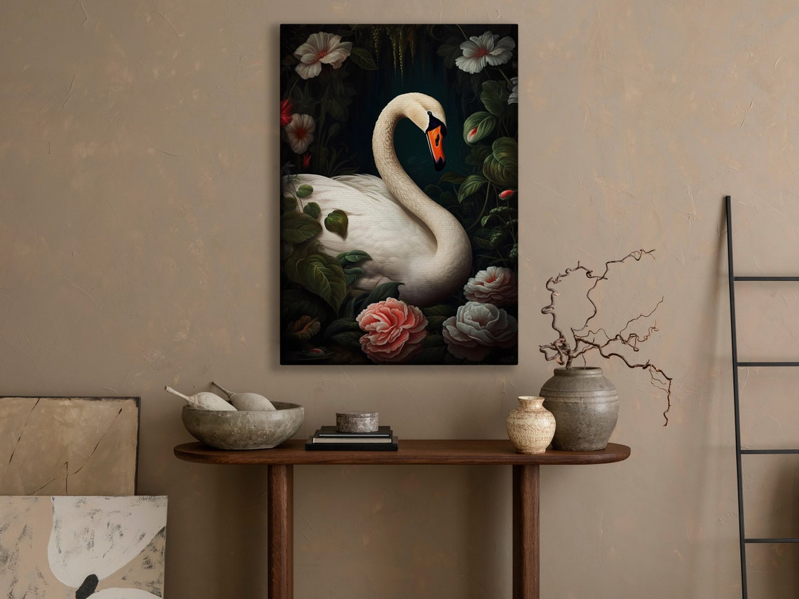 Graceful White Swan Among Pink Roses Dark Botanical Animal Art Poster - Image 3