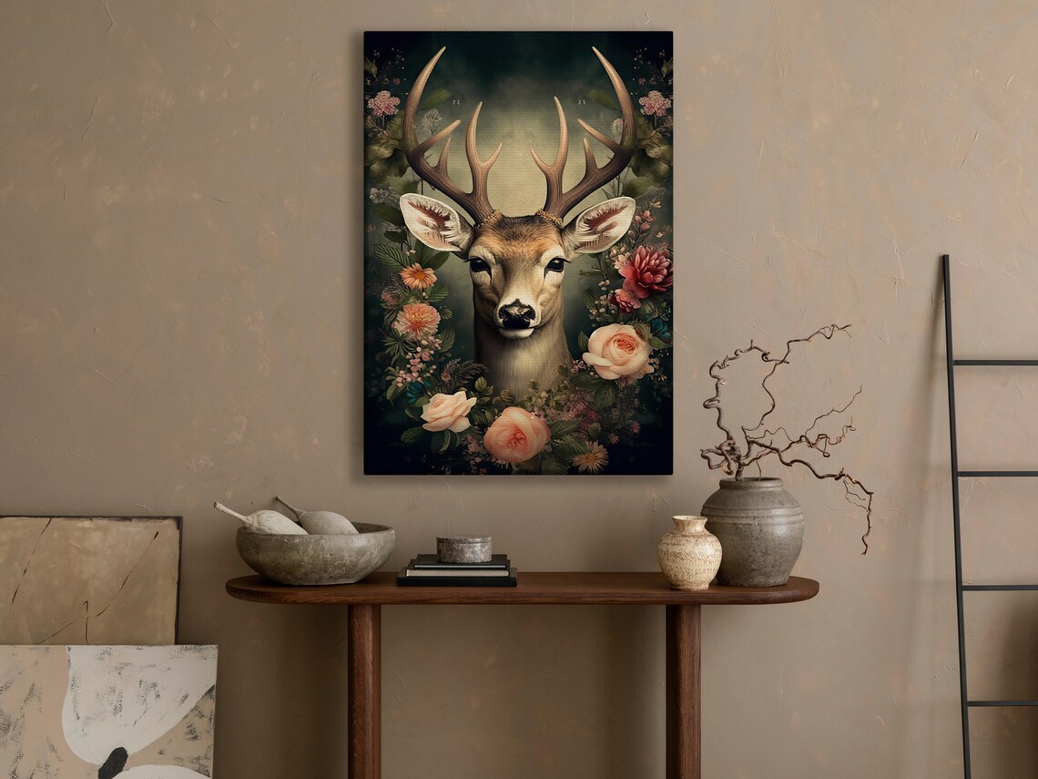 Floral Stag Portrait With Grand Antlers Among Roses Dark Botanical Poster - Image 2